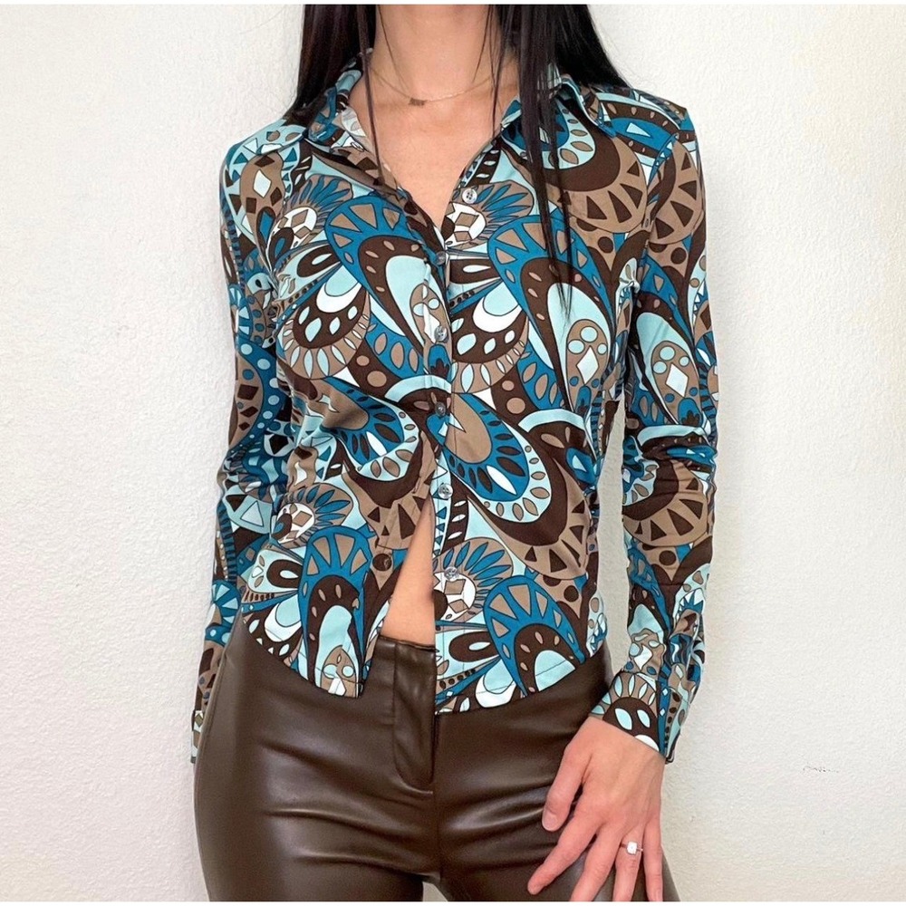 Y2K Long Sleeve Button Up Top S Geometric Blue Brown Psychedelic Office Siren